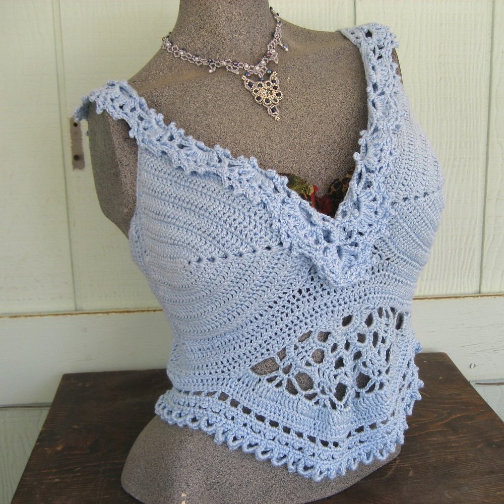Ice Blue Snowflake Crochet halter top one of kind